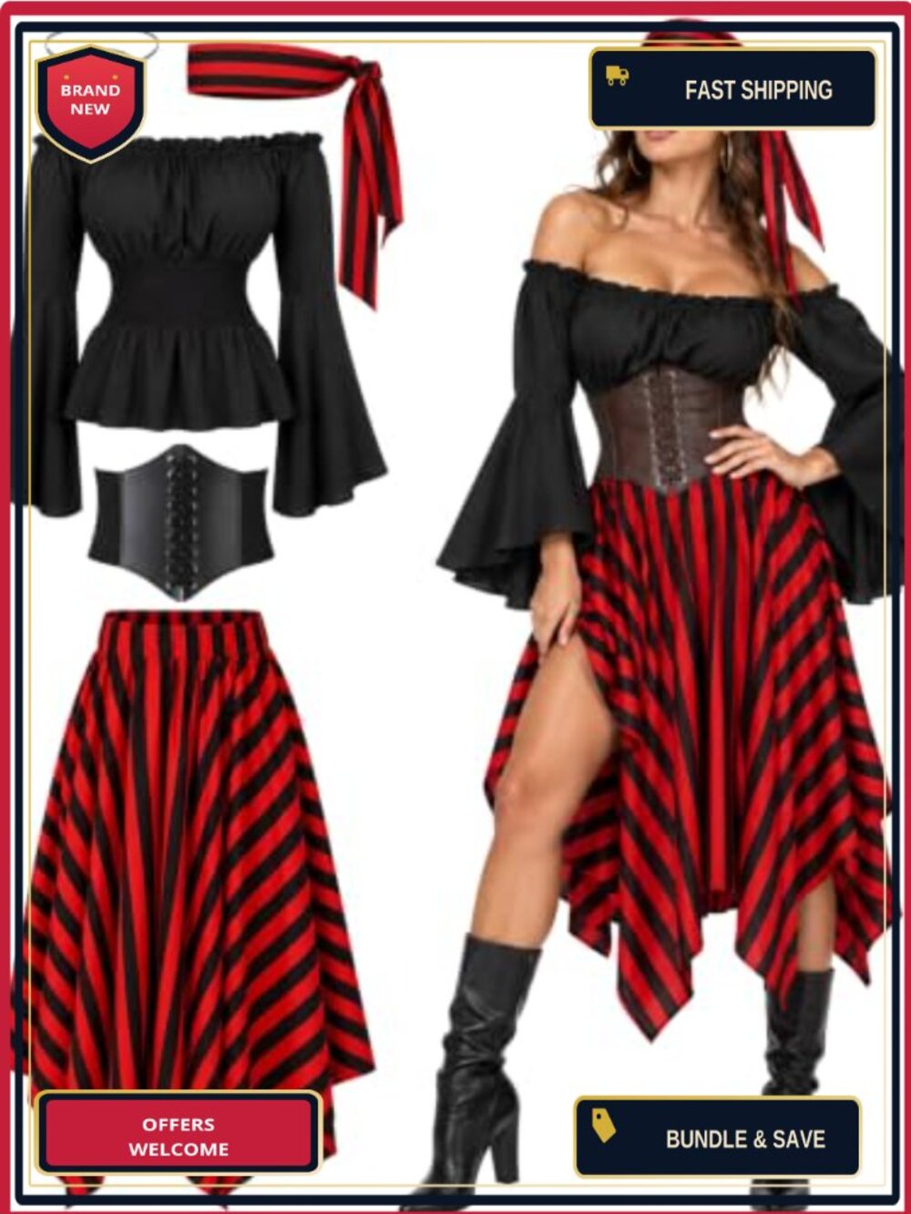 5-Piece Pirate Costume Set Peasant Blouse Corset Skirt Bandana Eye Patch